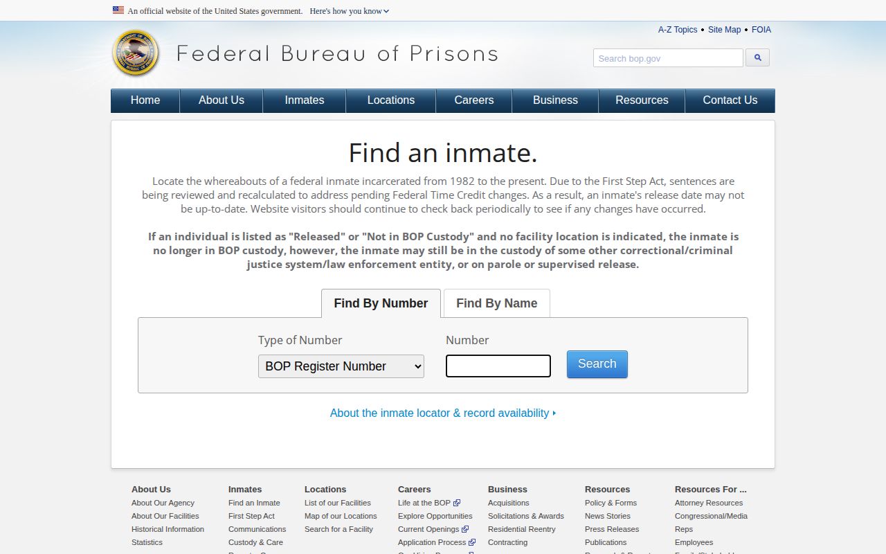 Federal Bureau of Prisons name and number inmate locator