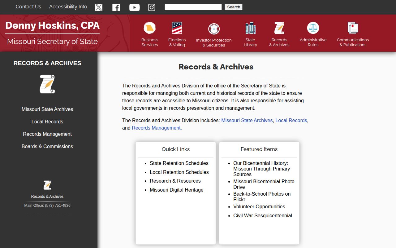 Missouri State Archives records portal for historical research routing