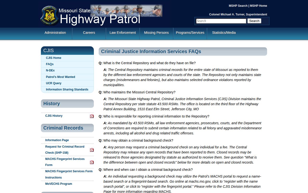 Missouri State Highway Patrol guidance routing warrant checks locally