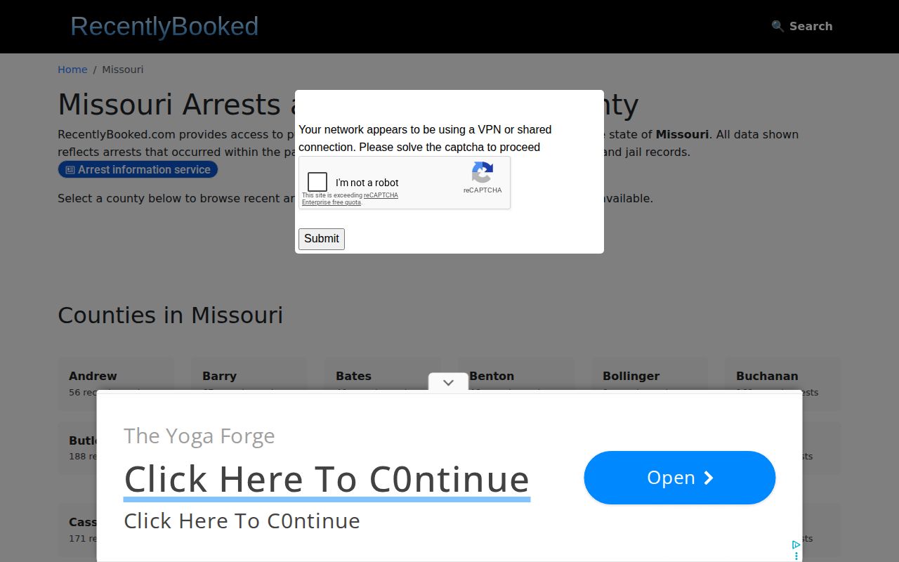 Unofficial Missouri booking index with no verified Mercer County local page